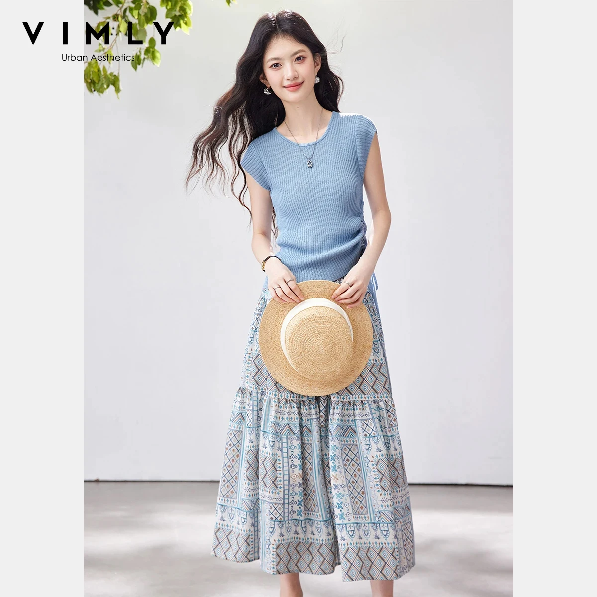 

VIMLY Casual Vacation Outfit Women 2026 Summer New Blue Drawstring Rib Knit T-shirt Bohemian Print Midi Skirt Two-Piece 30821