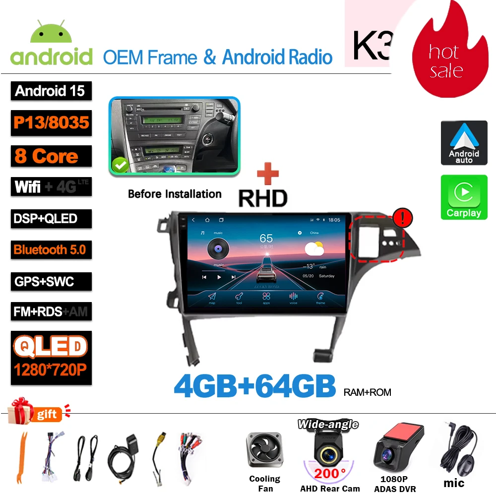 Android 16 autoradio, videomedia-speler, Carplay, GPS-navigatie voor Toyota Prius XW30 2009-2015