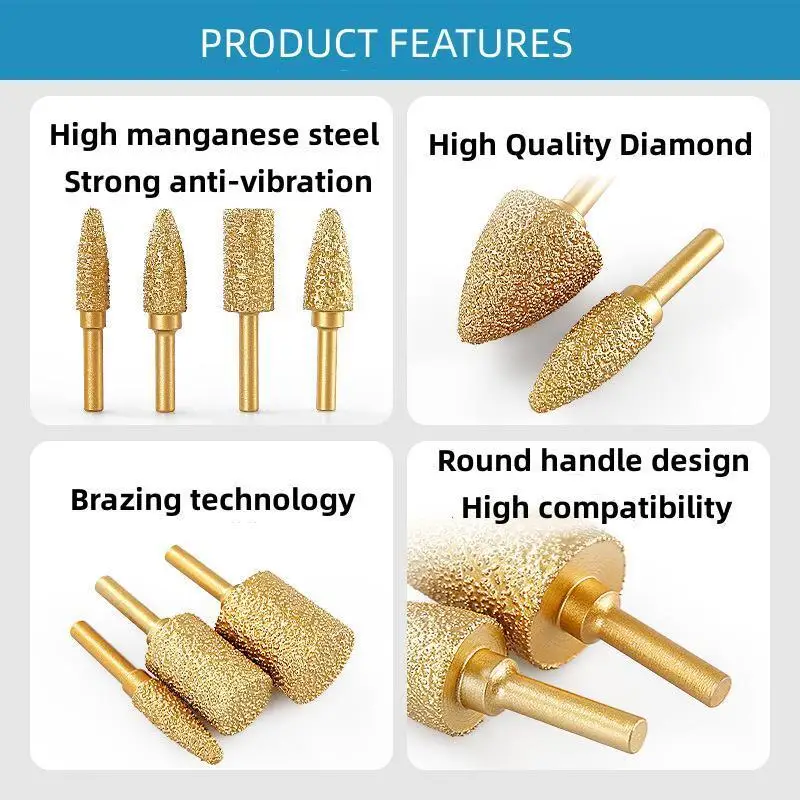 1PC 6mm Shank Vacuum Brazed Diamond Grinding Head Burrs Engraving Drill Bits Stone Alloy Steel Cast Iron Polishing Carving Tool