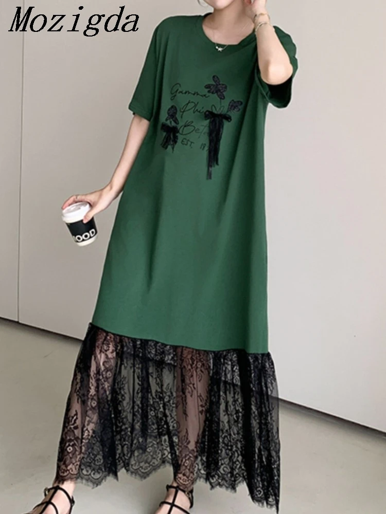 Plus Size Summer Lace Patchwork Dress Women Korean Loose Three Dimensional Decoration Short Sleeve Ladies Dress Vestidos