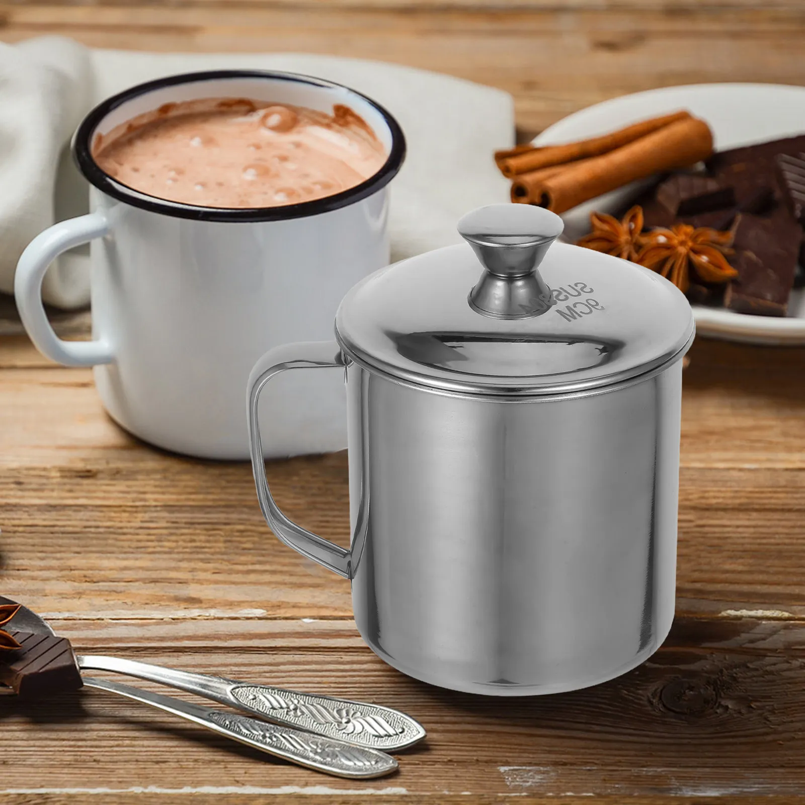 450Ml Childrens Stainless Steel Water Cup 304 Food Grade Double Layer Thermal Mug with Handle Lid for Students Hot Chocolate
