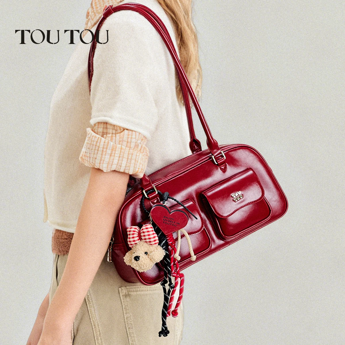 Toutou حقيبة البولينج الحمراء ذات الجيب المزدوج y2k هدية عيد الميلاد والعام الجديد حقيبة نسائية ذات سعة كبيرة حقيبة كتف هدية لصديق