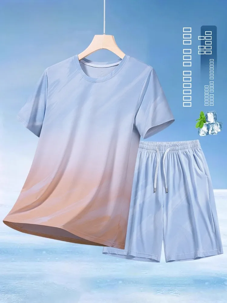 

Мужской летний спортивный комплект из ледяного шелка: быстросохнущая футболка и шорты для бега и повседневной носки, полиэстер...