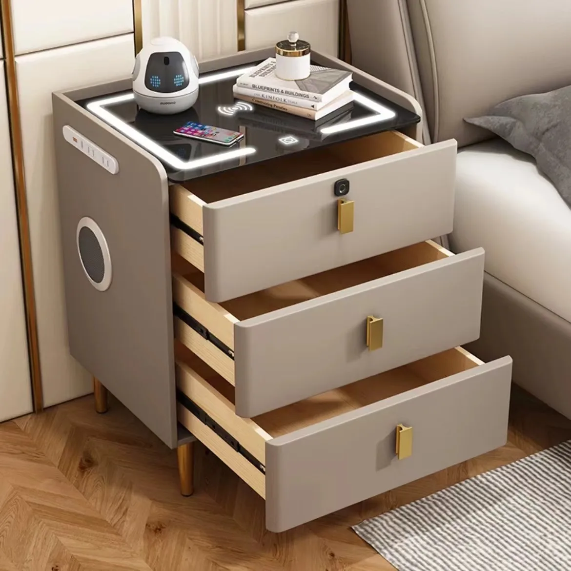 طاولة بجانب السرير الذكية للمشاهير على الإنترنت من الخشب الصلب بالكامل، تخزين بجانب السرير لغرفة النوم المنزلية مع قفل خفيف فاخر وحديث وبسيط