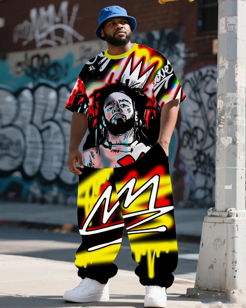 

S-9XL Men's Plus Size Hip Hop Street Graffiti Music Short Sleeve T-Shirt & Pants Two-Piece Set, Big and Tall
