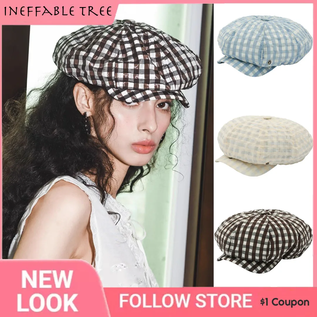 

Y2K Harajuku Retro Checkered Berets for Women Men Summer Sunscreen Versatile Show Face Small Forward Hat Sombreros De Mujer