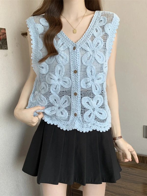 Women's V-neck Hollow-out Tank Top Short Size plus Outerwear Shirt Casual Summer Fashion Slimming Design Comfortable Fit