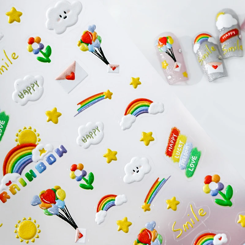 Bunte Regenbogen wolken ballons niedlichen Cartoon neue 5d weiche geprägte Relief selbst klebende Nail Art Aufkleber schöne 3D-Maniküre Aufkleber