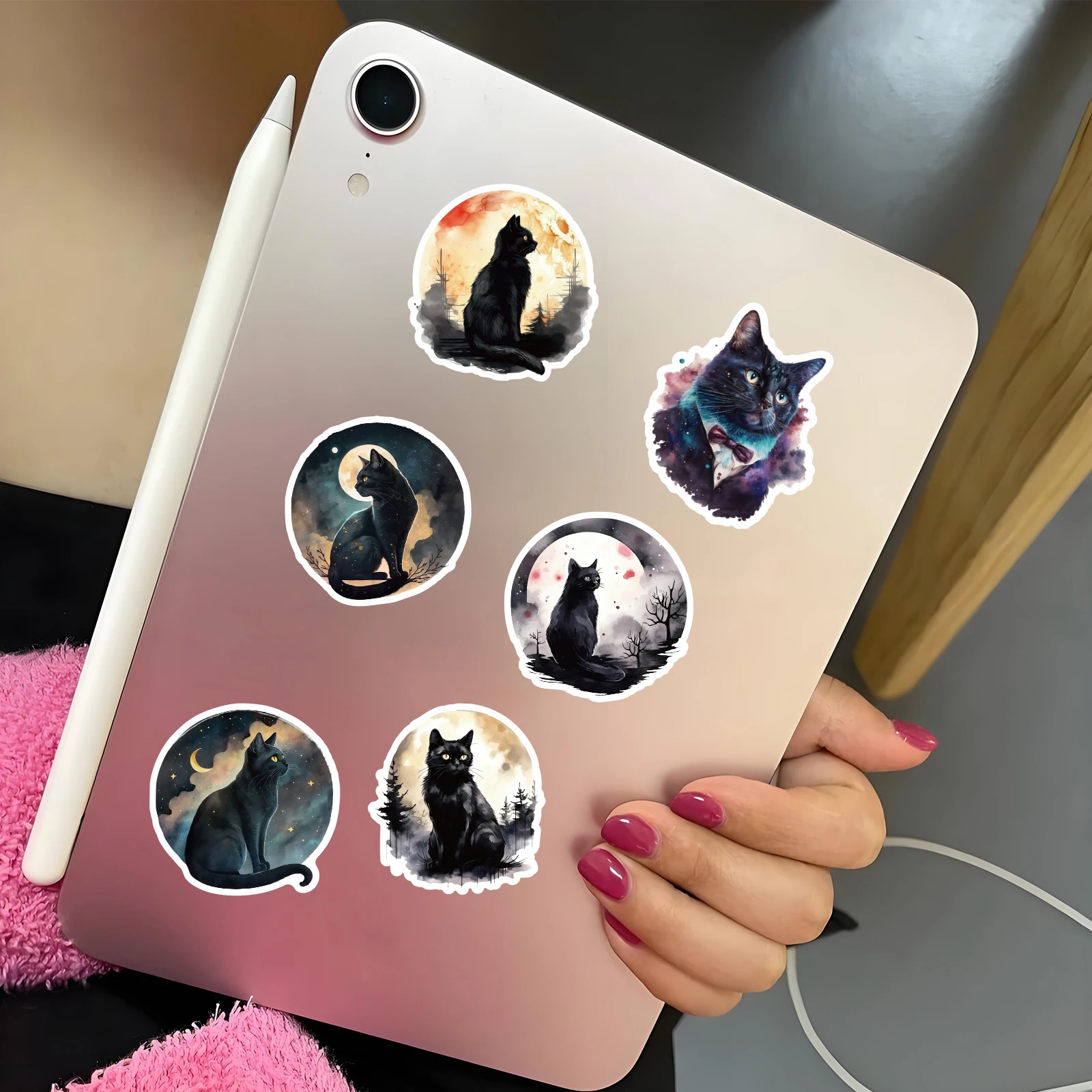 Autocollant chat noir rétro au clair de lune, 20 pièces, pour ordinateurs portables, bouteilles d'eau, valises, téléphones et Ipads, fournitures scolaires, autocollants