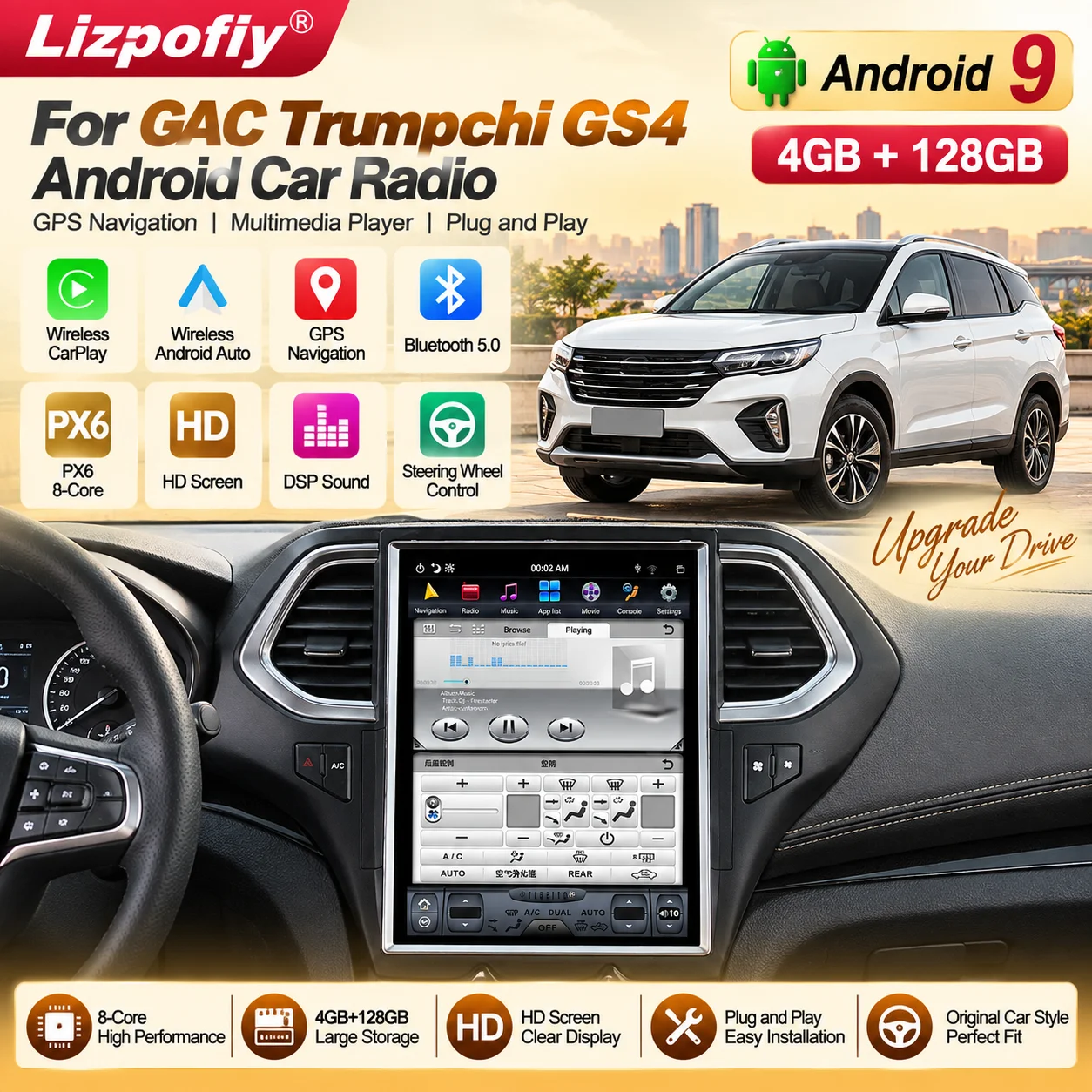 Lizpofly Android Car Radio For GAC Trumpchi GS4 4+128GB PX6 Android 9 CarPlay GPS Navigation Multimedia Stereo Head Unit