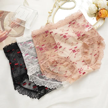 سراويل داخلية دانتيل كبيرة الحجم عالية الخصر للنساء الحوامل والسيدات ، مثيرة ، شفافة ، بنمط زهور ، سراويل داخلية ناعمة ومريحة