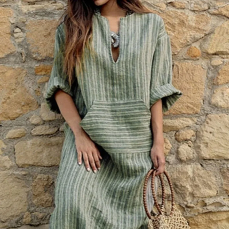 Luźna sukienka damska w paski z długim rękawem, w stylu boho vintage, letnia sukienka plażowa, sukienka maxi na wakacje, sukienki damskie Vestidos платье