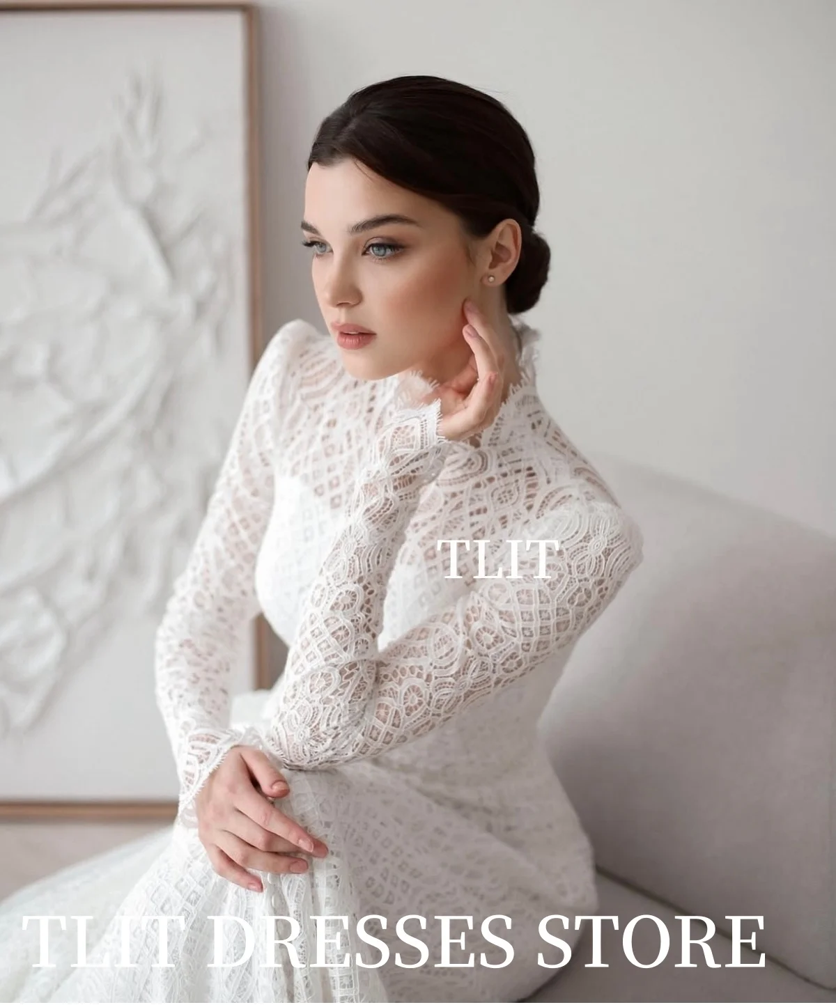فساتين زفاف حورية البحر من الدانتيل الفاخر من TLIT مخصصة برقبة دائرية وأزرار زفاف وأكمام طويلة من الدانتيل زي العرائس