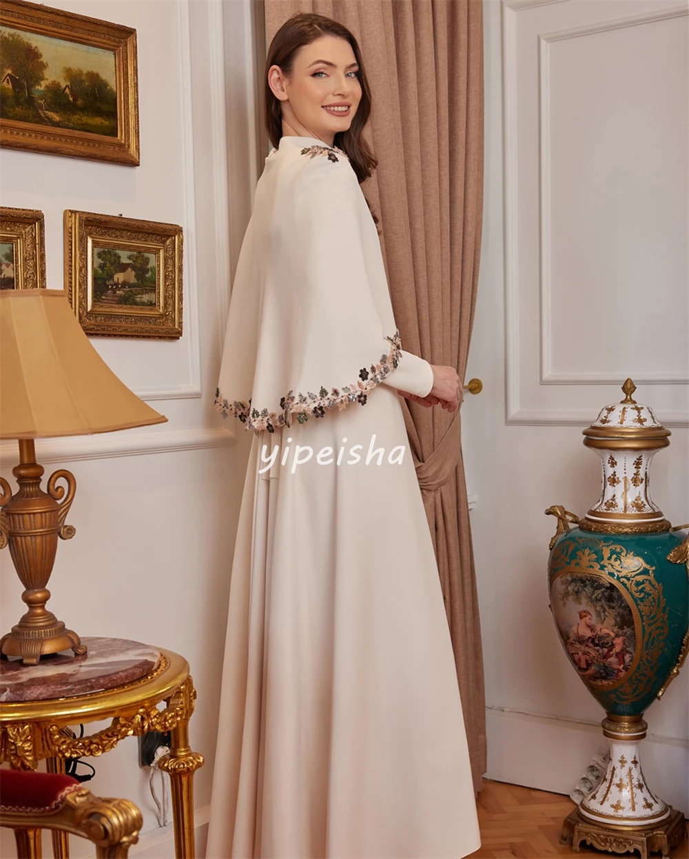 Customized Elegant Women Jersey Handmade Flower Sequined A-line Bridesmaid Dresses High Quality High Collar Long Sleeves Dresses