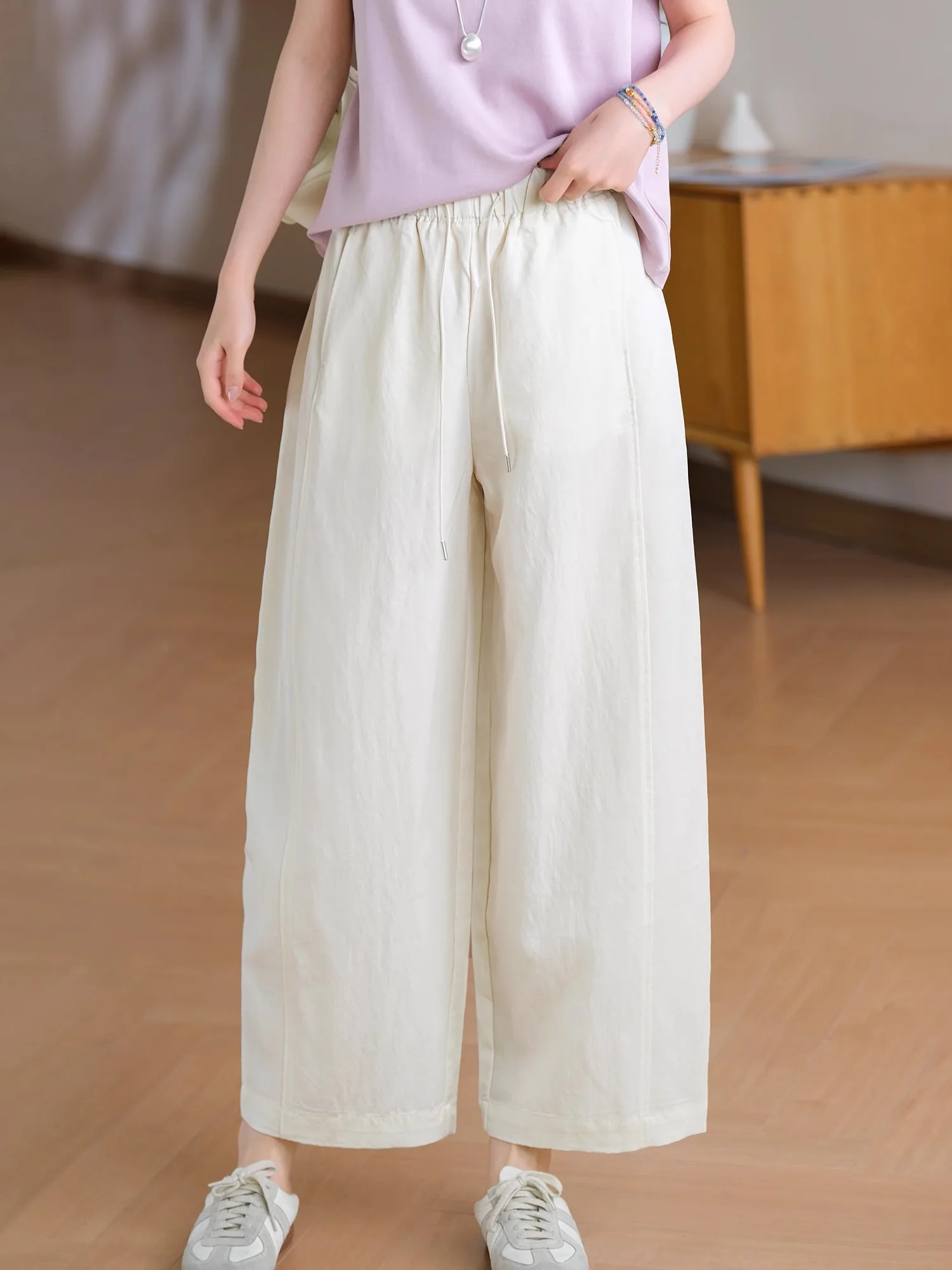 

Slimming Wide Leg Pants Elastic Waist Dstring Lenzing Lyocell Fiber Blend Korean Sle Commute Straight Cut Ladies Trousers