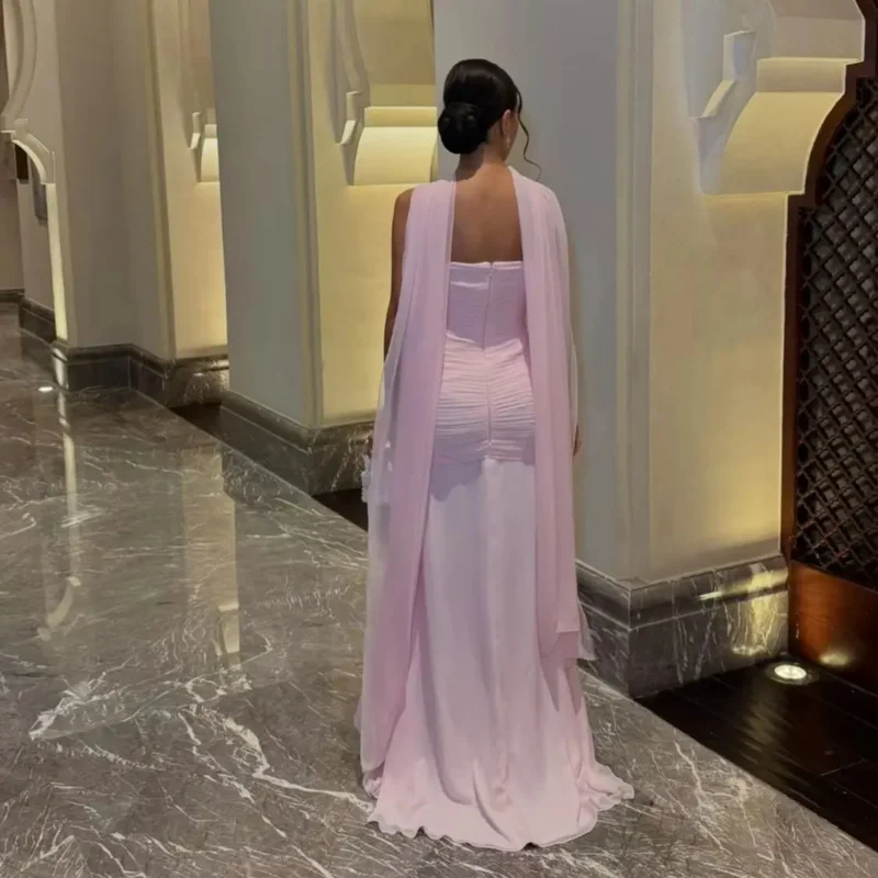 Indie Saudi Pink Strapless Prom Gown Women Floral Chiffon Party Evening Dress Floor Length Special Occasion Dresses customized