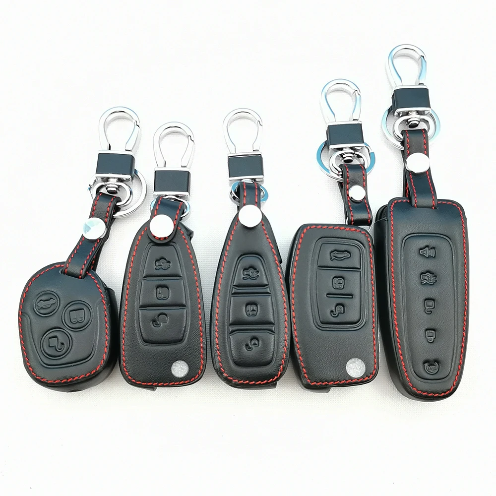 Leather Car Key Chain Ring Cover Case Holder For Ford Focus 2 3 4 MK2 MK3 MK4 Kuga Edge Mondeo Fusion Ecosport Fiesta