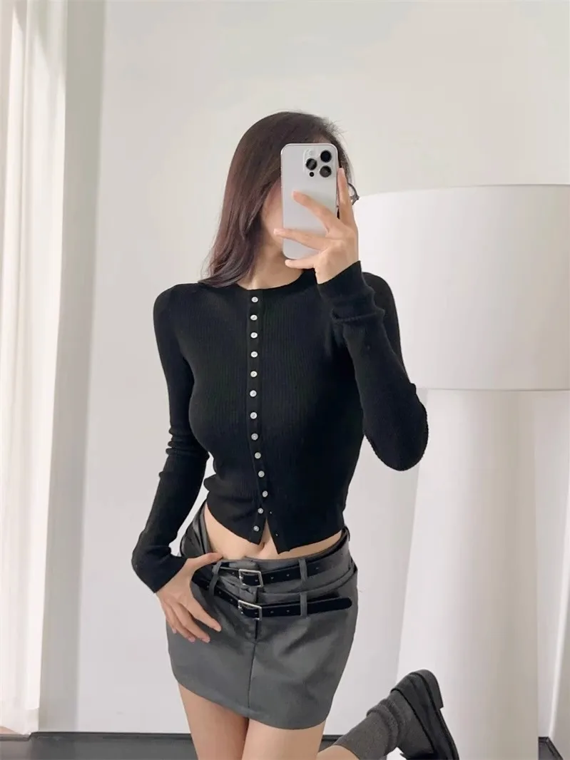 Suéter de Punto de Lana Ajustado, Cuello Medio Alto, Botón Único, Estilo Urbano para Mujer, Manga Larga, Cuello Redondo, Corto