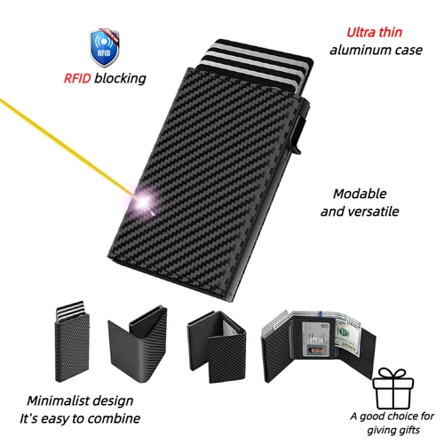 YATBEST-Bolso para tarjetas para hombre, caja de aluminio emergente automática, cepillo antirrobo RFID, billetera minimalista ultrafina, Clip para tarjetas de crédito de cuero