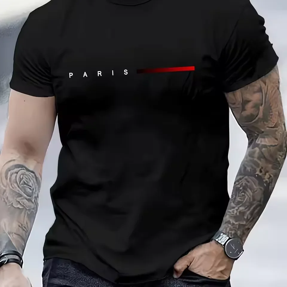 Camiseta holgada de verano 100% algodón para hombre, camiseta informal ajustada con estampado de letras creativas de París, cuello redondo, manga corta