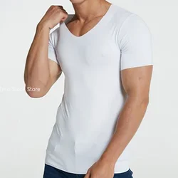 Men's Summer T-Shirt Short Sleeve Cool Quick Dry Breathable Ice Silk Seamless Tops Casual Solid Color Elastic Tee Shirts M-5XL