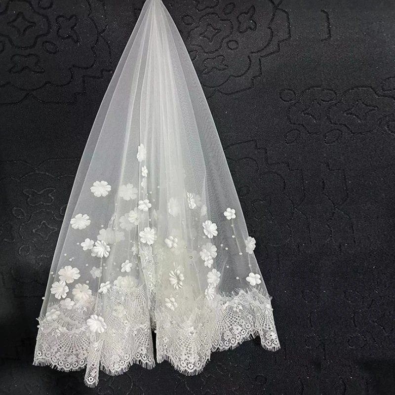 Stock Ivory 1.5m X 1.5m Wedding Veils One Layer 3d Flower Lace Edge Bride Bridal Accessory velo de novias voile de mariée