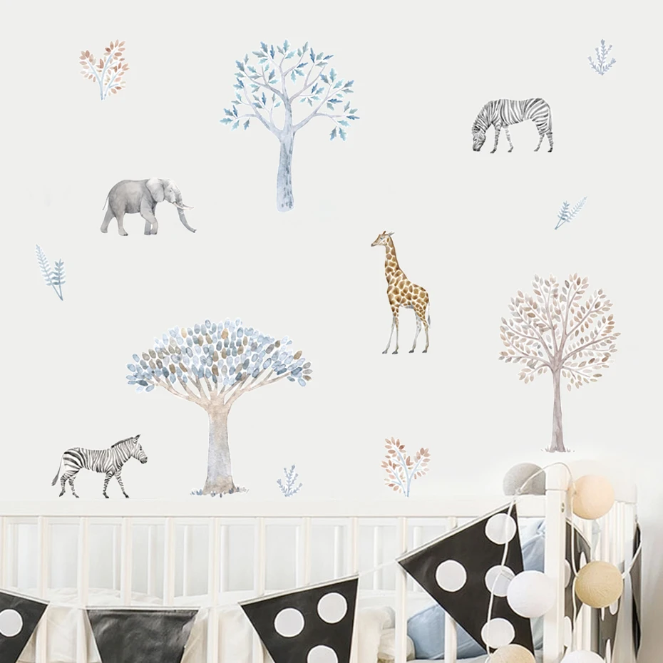 Caroon Elephant Zebra Animals Trees Watercolor Vinyl Nursery Wall Decals Print Kids Girls Boys Room Interior Home Decor