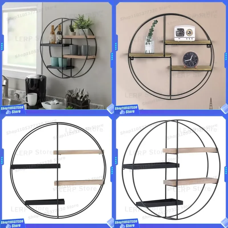 Modern Round Metal Frame Wooden Shelf Wall Mounted Floating Ledge for Living Room Home Decor Storage Display Rack Organizer