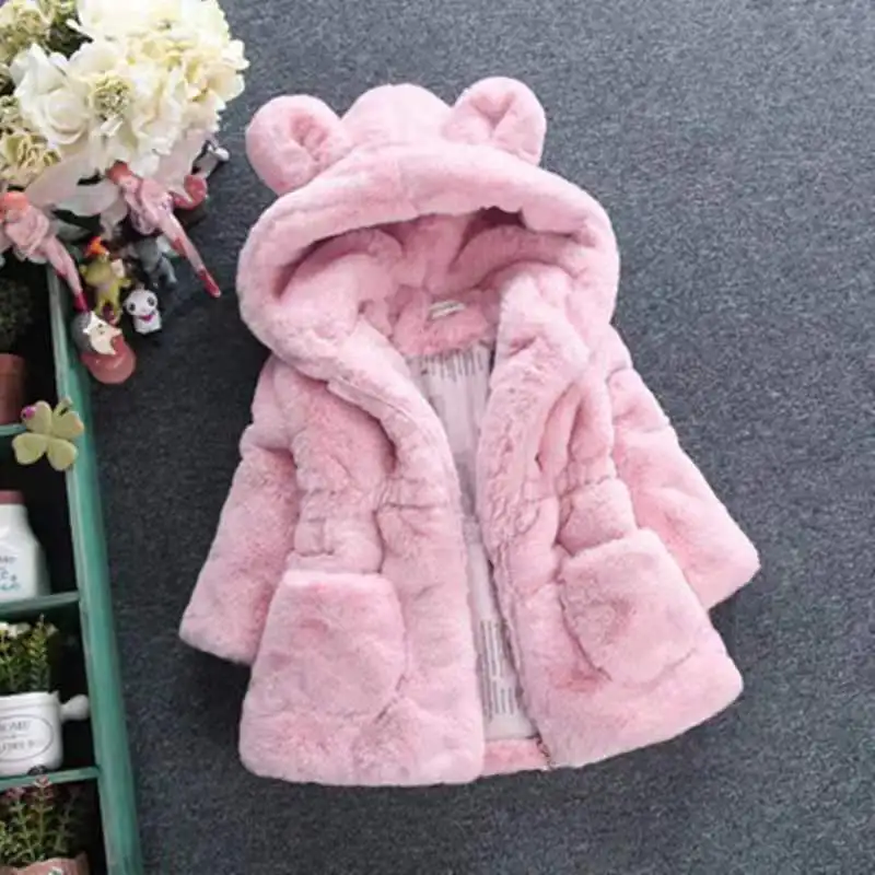 Winter Cute Hairy Girl\'s Coat Baby Girl Solid Color Bear Ears Hooded Waist Zipper Warm Versatile Coat