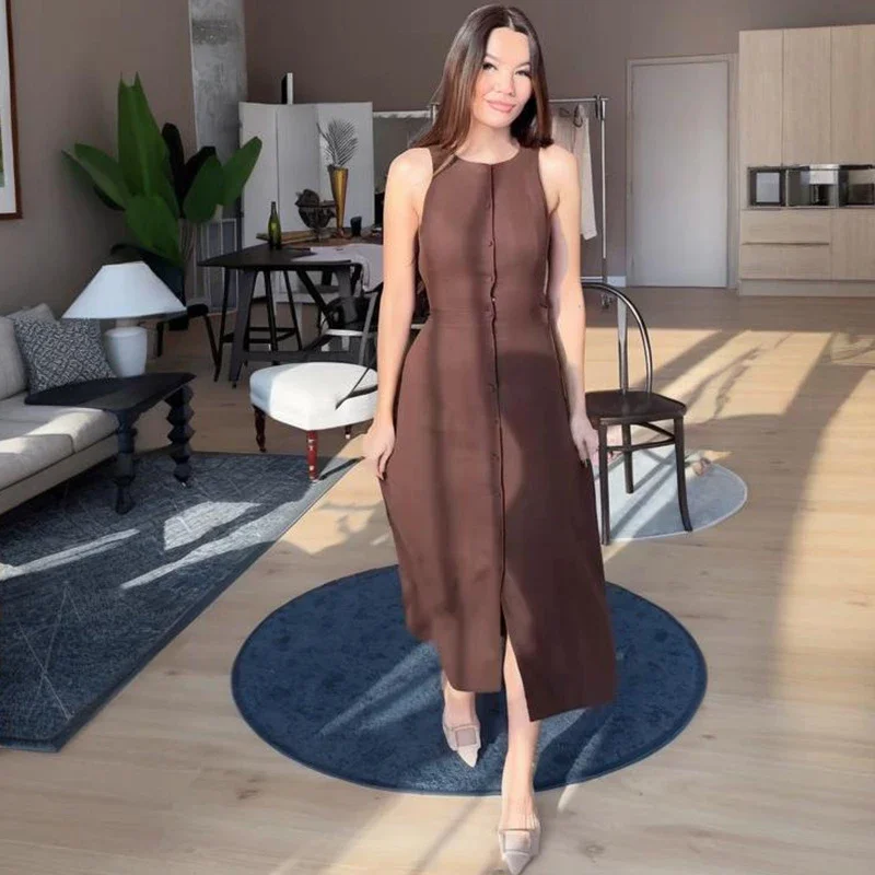 فستان نسائي غير رسمي برباط سادة ورقبة دائرية بدون أكمام فساتين طويلة فضفاضة واحدة الصدر لصيف 2025 رداء سيدة الموضة الجديدة