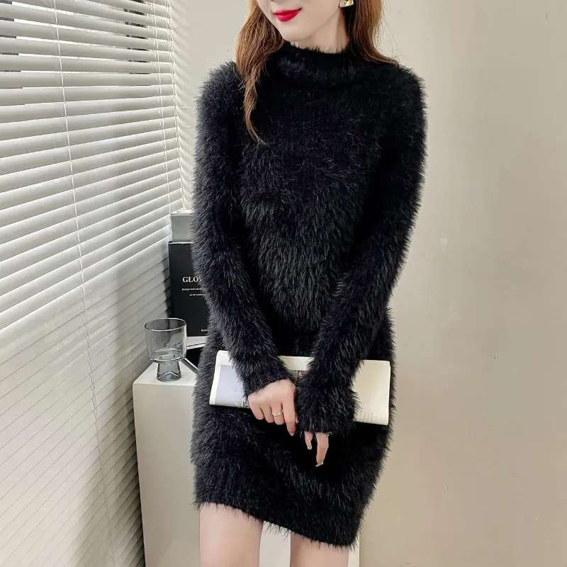 

Women's Pullover Sweater Outside Wearing Autumn Imitation Mink Fleece Mid-Length Korean Long Knitted Base Shirt Dress JJ1248