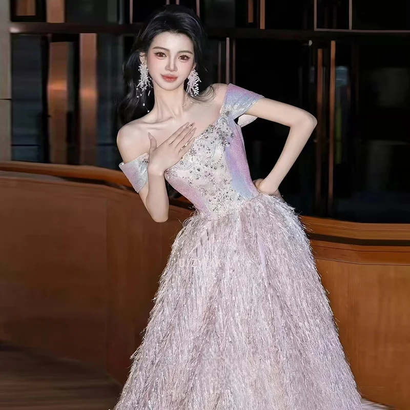 Strapless Tassels Wedding Dresses Women Pink Long Evening Party Gown Women Sexy Off Shoulder Formal Celebrity Dress 2025 New