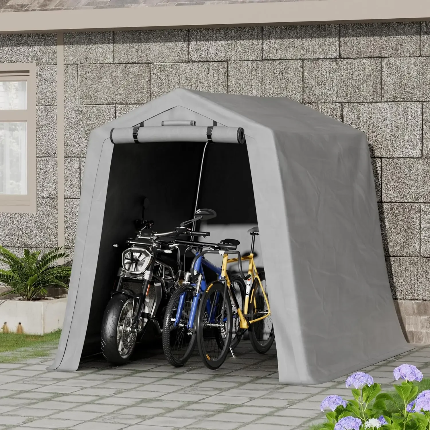 Cobertizo de almacenamiento de 6x6 pies, refugio portátil de alta resistencia para exteriores, cochera de cremallera con puerta enrollable para bicicleta, motocicleta