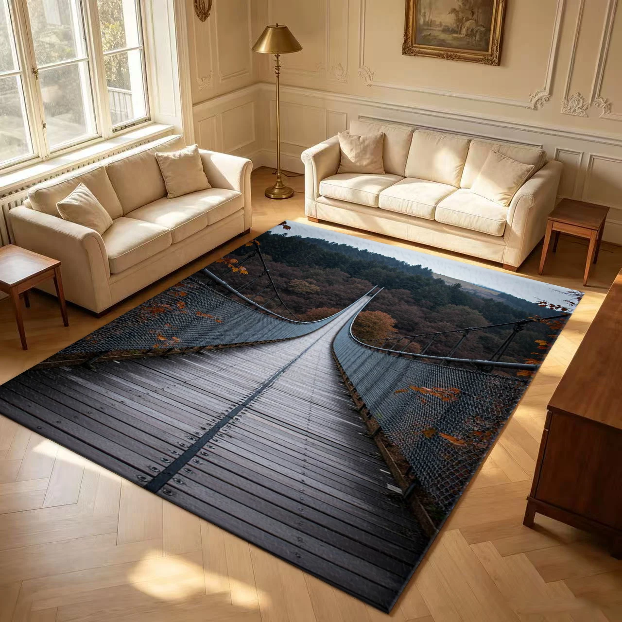 Wooden Suspension Bridge Autumn Forest Scenery carpet flooring Nature Landscape Floor Rug