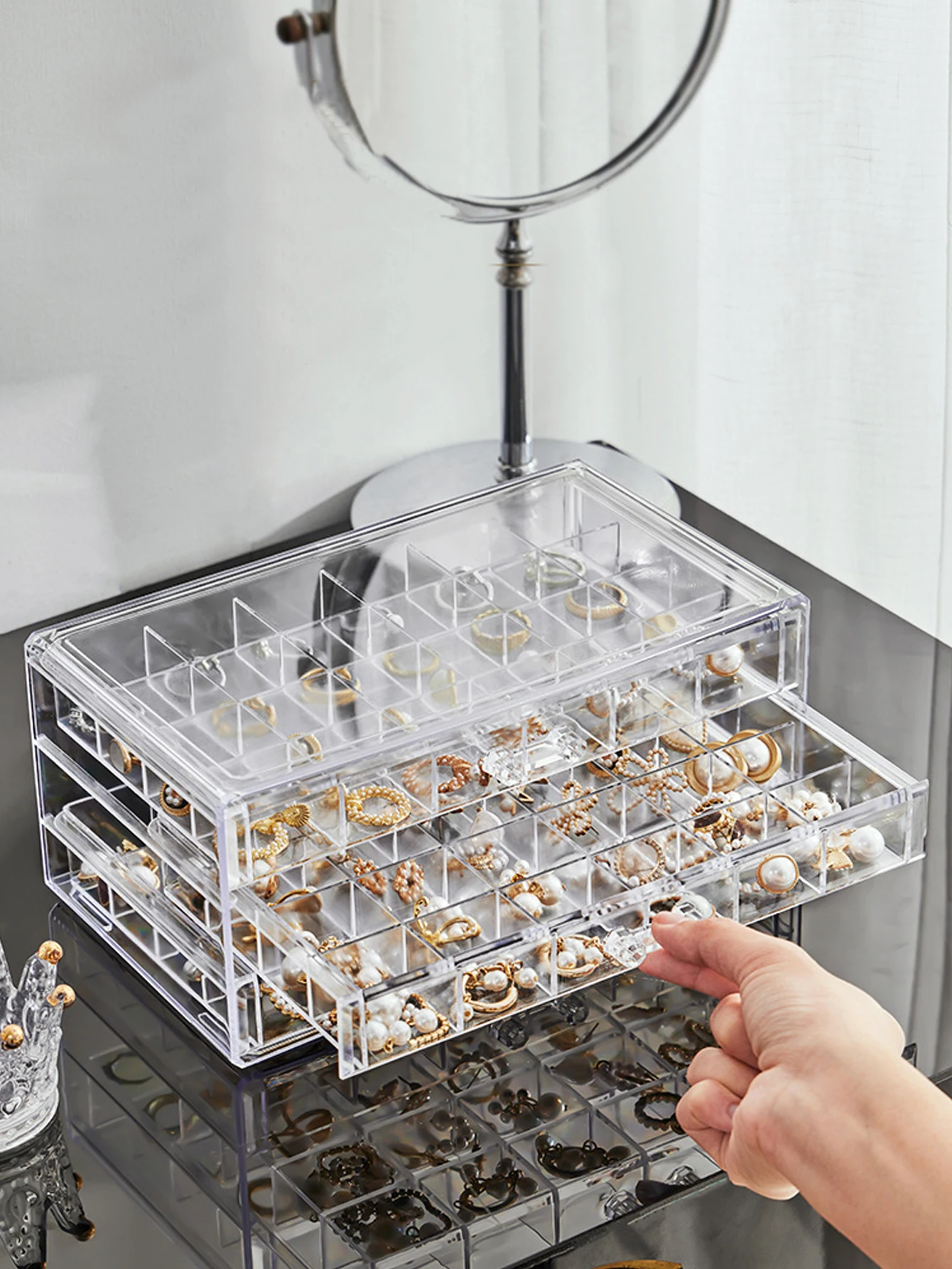 

Transparent Jewelry Storage Box With 72 Compartments And 3 Layers Large Capacity Earrings Necklace Desktop Drawer Organization