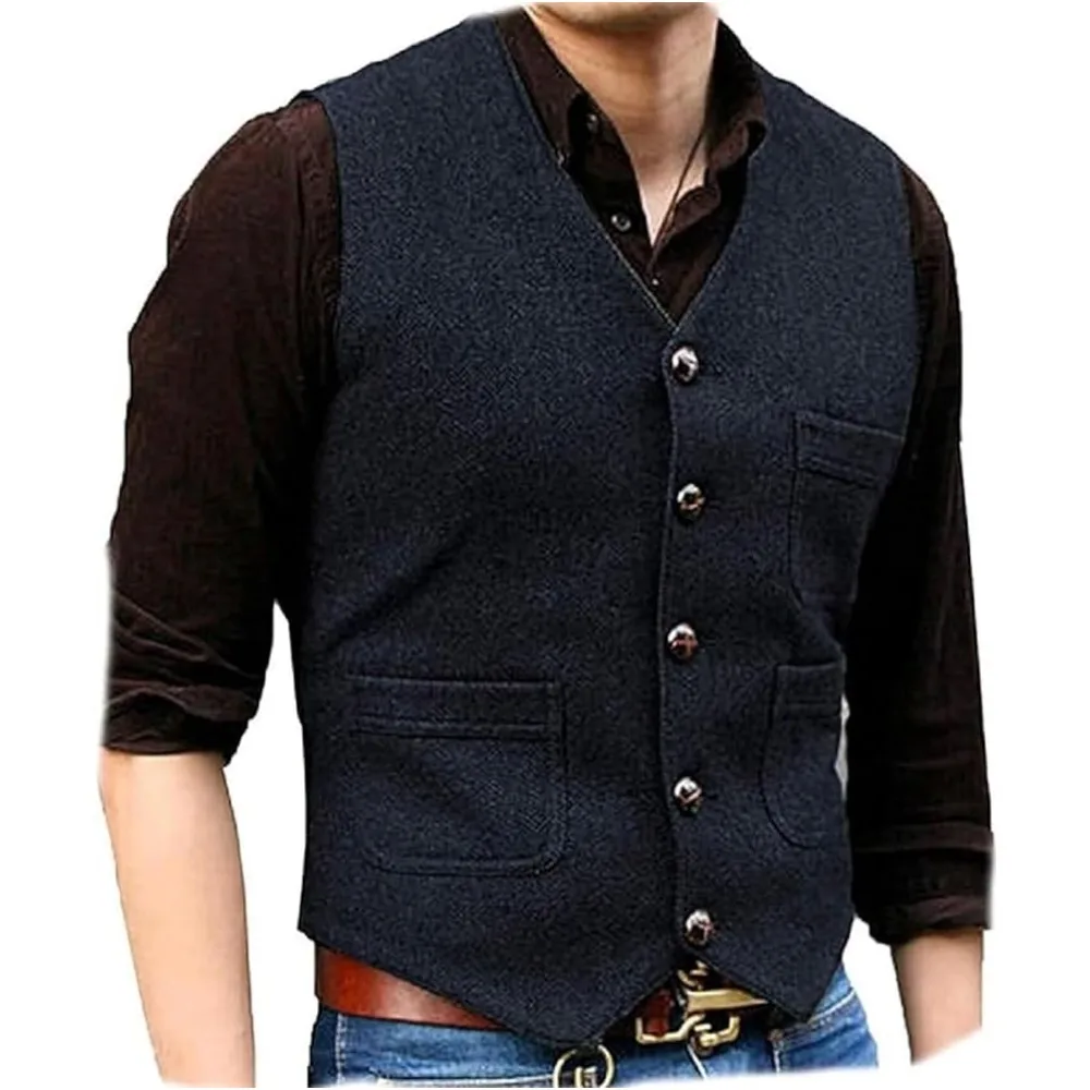 

In Stock Herringbone Tweed Men Suits Vest Single Breasted Waistcoat Gilet Homme Three Pockets Formal Business Sleeveless Jacket