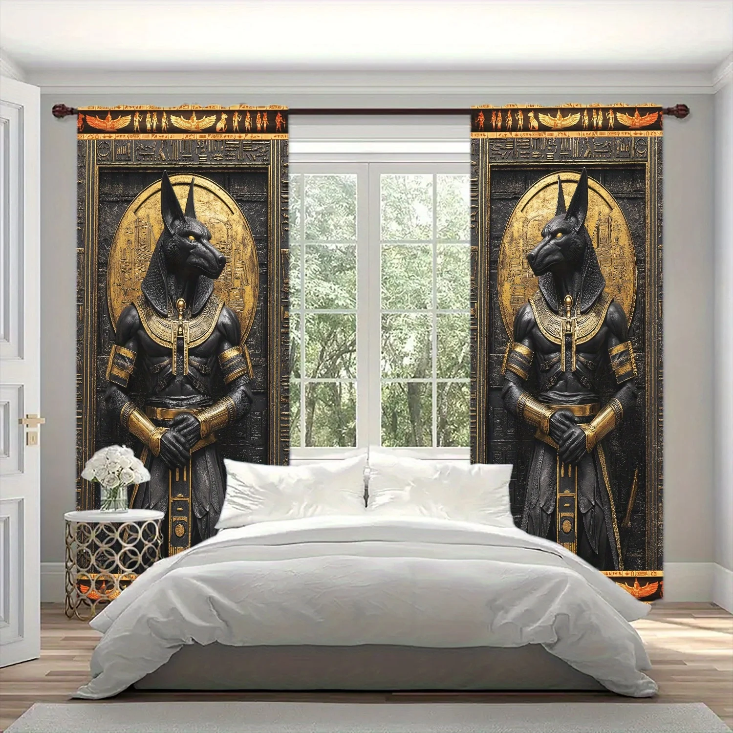 2PC Ancient Egyptian Anubis Hieroglyph Sheer Curtains - Mystic Egyptian God Print Window Drapes for Living Room Bedroom Decor