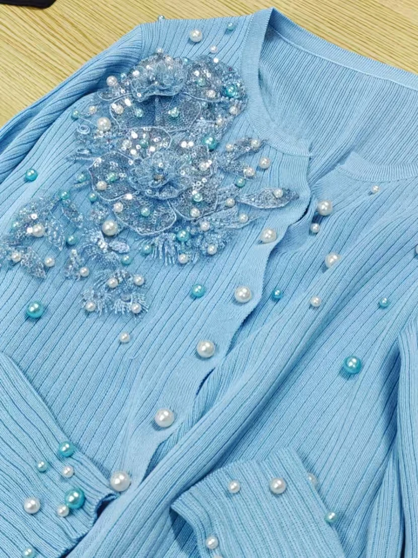 Unique Luxury Spring Summer Beaded Flowers Stitch Knitwear Short Cardigan Women's Slim Fit Long Sleeve Thin Sweater Coat Tops