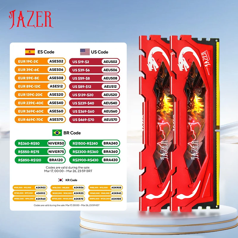 JAZER DDR4 Ram 16GB 8GB 32GB 3200MHz 3600MHz PC4 Desktop Gaming Memory Support Motherboard DDR4 Memory