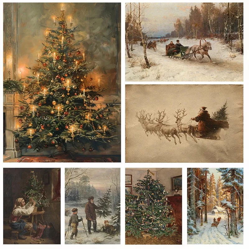 Vintage-Weihnachtsbaum Gemütliche Feiertags-Szene mit Pferdeschlitten Winterliche Szene Poster Leinwandgemälde Wandkunst Bilder Heimdekoration