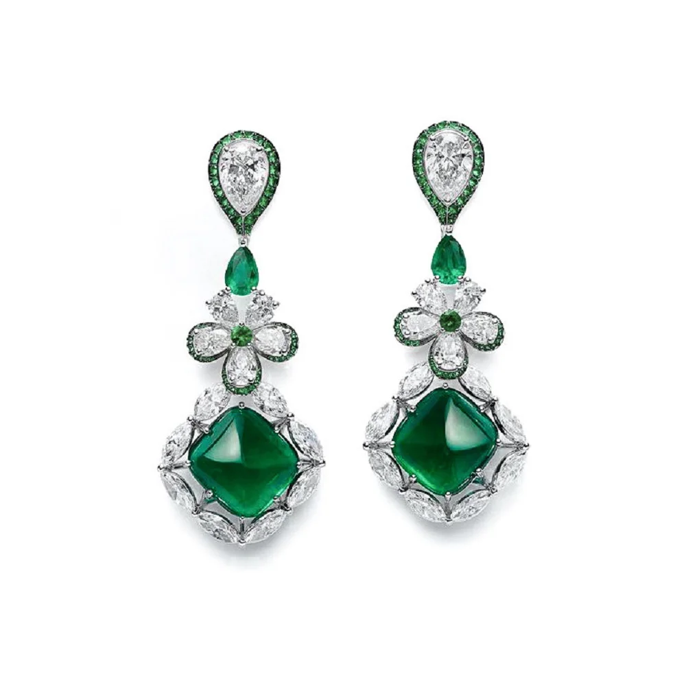 

Vintage Artificial Emerald Drop Earrings Luxury Flower Design 925 Sterling Silver Fine Jewelry for Women's Cocktail Party Gift