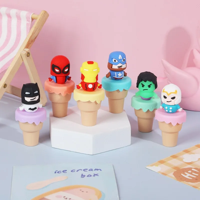 6 uds Marvel Comics Spider-Man Capitán América Kawaii dibujos animados en forma de helado rotulador periféricos de Anime