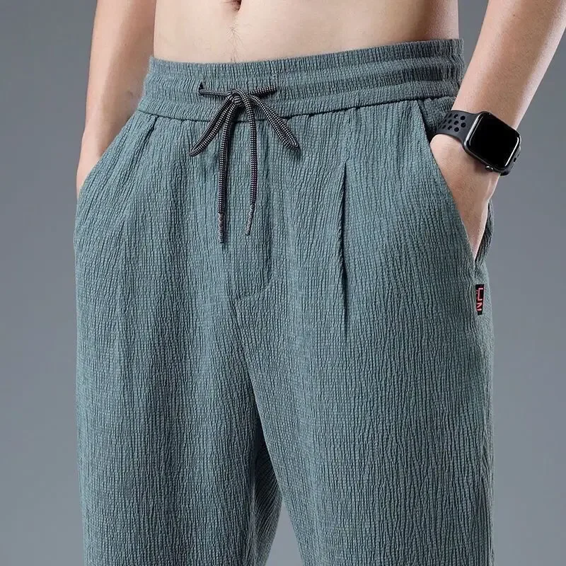 

Summer Ice Silk Man Jogger Linen Pants Casual Wide Summer Sweatpants Male Spring Lightweight Halking Harem Trousers