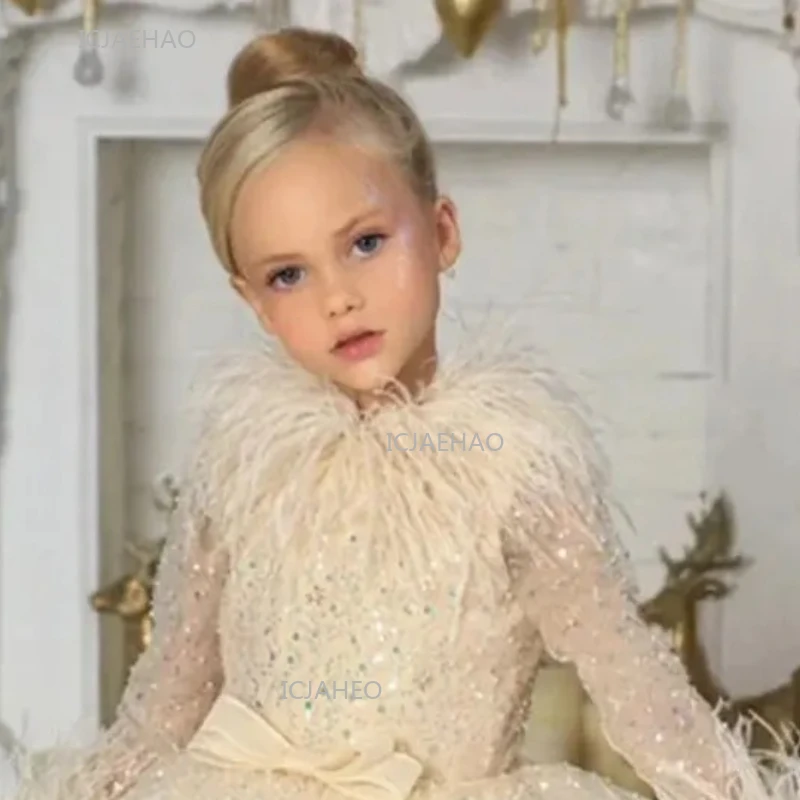 Party Dress with Feathers Bow Long Sleeve Tulle Ball  Birthday Pageant Evening Formal Gown Celebration Gown Kids Girls Princess