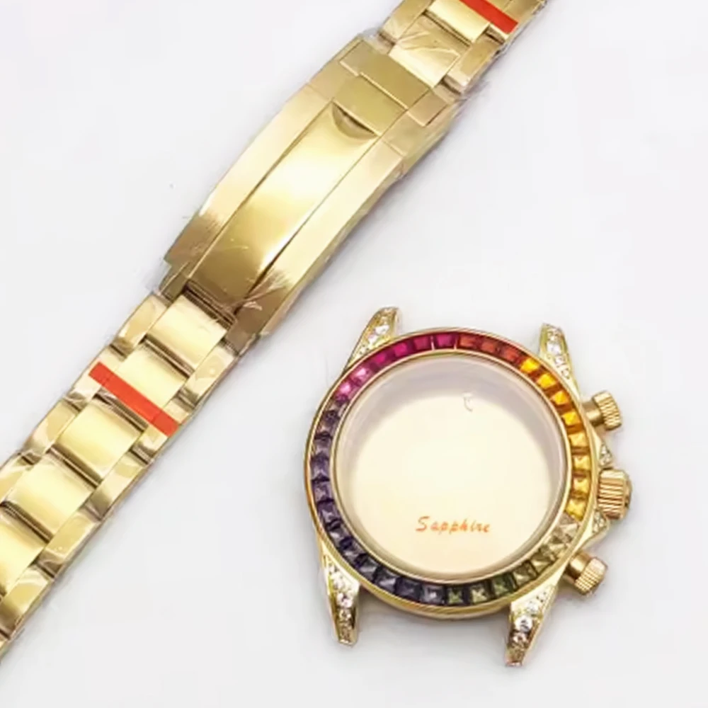 جودة عالية 39.5 مللي متر ارتفع الذهب VK63 حافظة جوهرة الحافة لا شعار حافظة + حزام صالح VK63 حركة الياقوت الزجاج