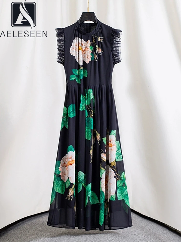 

AELESEEN Sicilian Midi Dress Women Summer Sleeveless Designer Fashion Beading Flower Print Mesh Patchwork High Waist Elegant