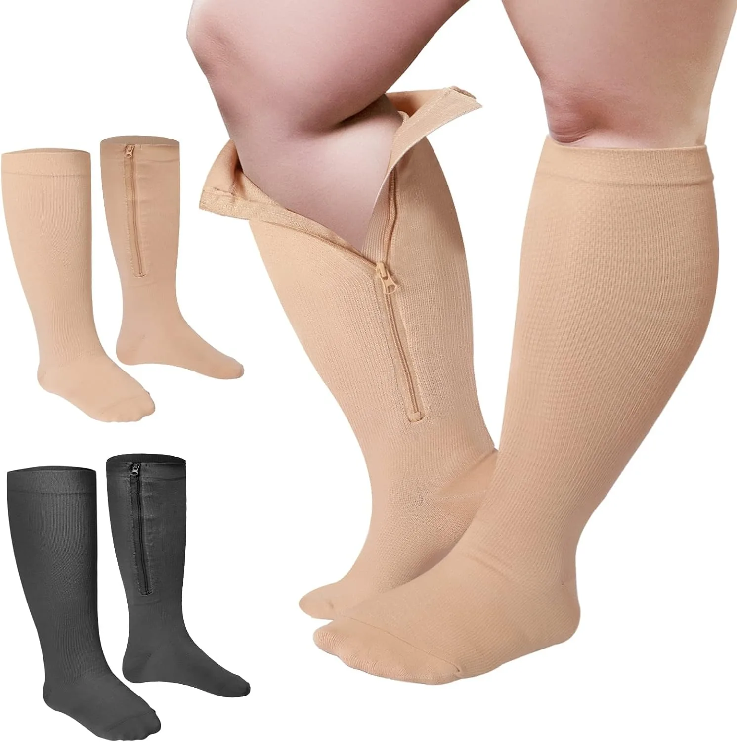Unisex-Kompressionssocken mit offener Zehenpartie und Reißverschluss – übergroße Sportsocken mit hohem Schlauch, für Sport und Reisen