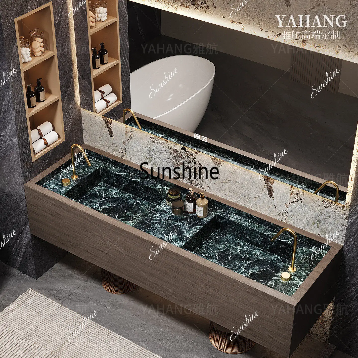 Bathroom cabinet rock slab integrated seamless basin bathroom light luxury high-end single and double