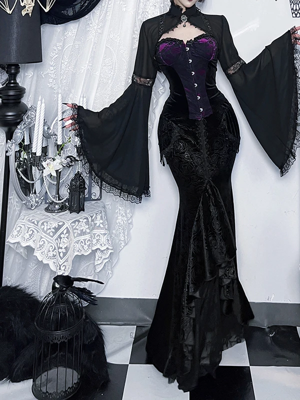 Dark Subculture Cos Sets Gothic Court Style Sexy Off Shoulder Purple Tube Top Camisole Elegant High Waist Slim Ultra Long Skirts