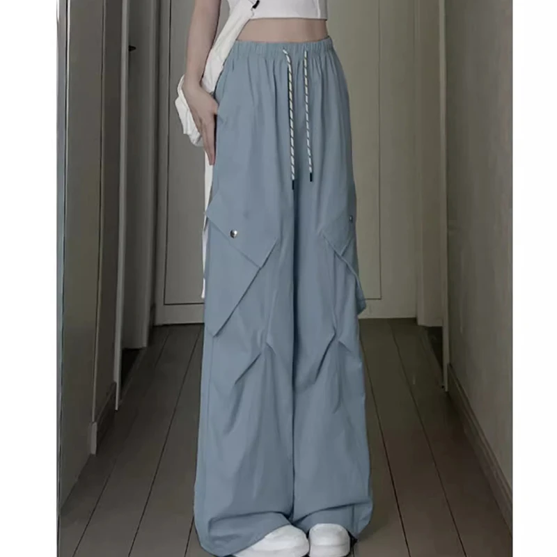 سراويل نسائية واسعة الساق من Streetwear سراويل صيفية عصرية بجيب كبير سراويل هيب هوب أمريكية فضفاضة سريعة الجفاف سراويل رياضية #4